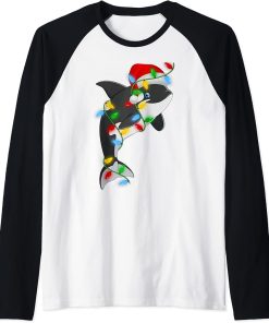 Orca Fish Xmas Lighting Holiday Santa Orca Christmas Raglan Baseball Tee