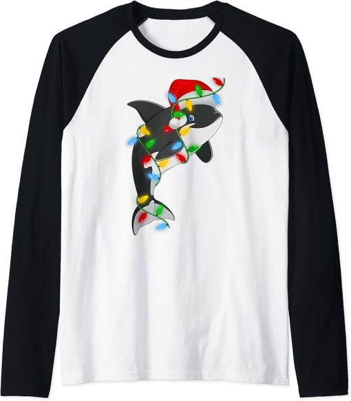 Orca Fish Xmas Lighting Holiday Santa Orca Christmas Raglan Baseball Tee