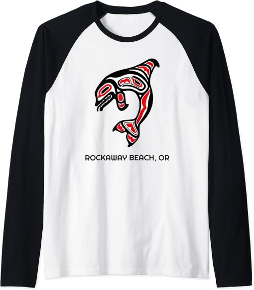 Rockaway Beach, Oregon Native American Orca Killer Whale Raglan Baseball Tee