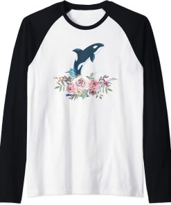 Floral Orca Sea Ocean Animal Gift Aquarist Killer Whale Raglan Baseball Tee