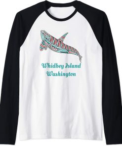 Whidbey Island Upward Orca Killer Whale Native American Raglan Baseball Tee