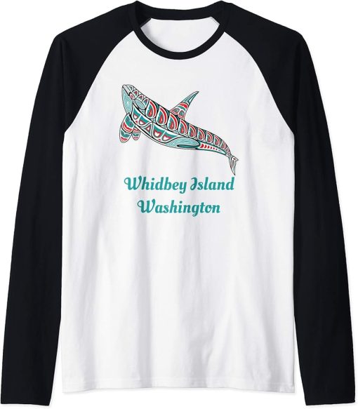 Whidbey Island Upward Orca Killer Whale Native American Raglan Baseball Tee