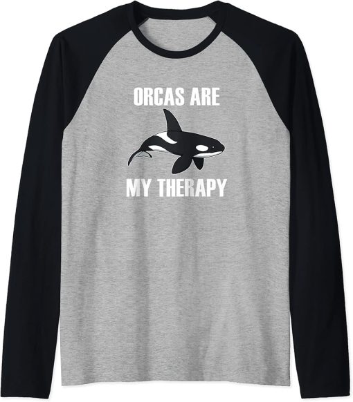 Orcas as Therapy Funny Saying Whale Ocean Raglan Baseball Tee